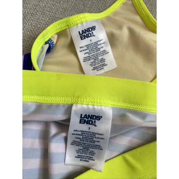 Lands' End Pink Blue Neon Stripe 2 Piece Swimsuit Bikini Girls Size 7 Swimwear - Picture 3 of 5